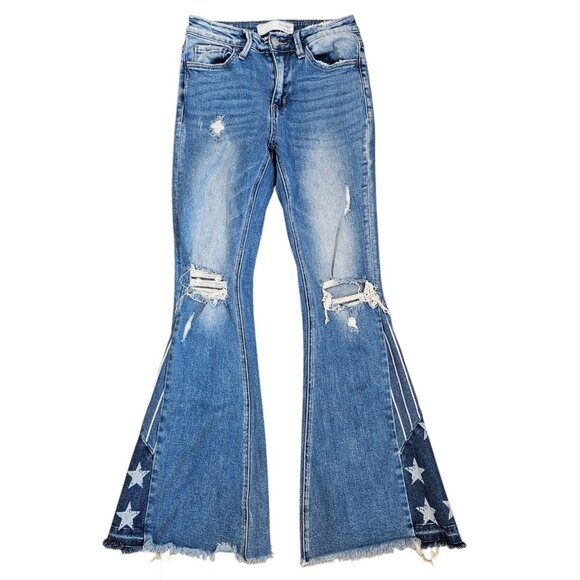 4th of July Super Flare Jeans Stars Stripes Distressed Size 26‎ X 31 Patriotic - Picture 1 of 11
